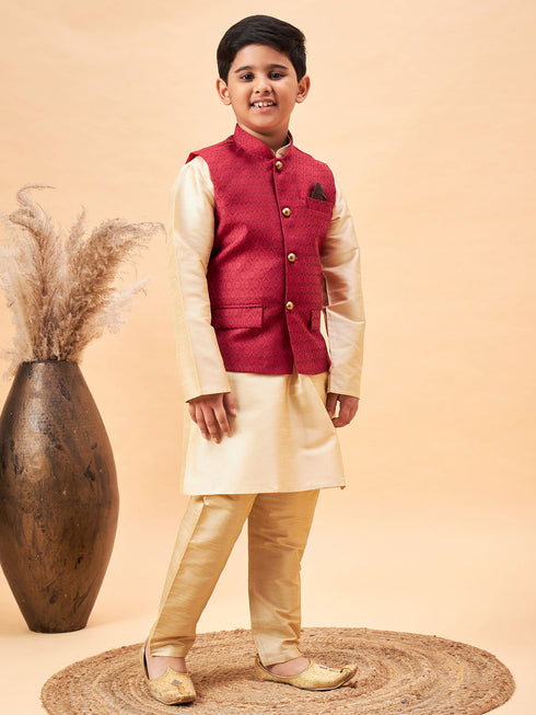 Boy's Maroon Woven Jacket With Gold Kurta And Pyjama Set